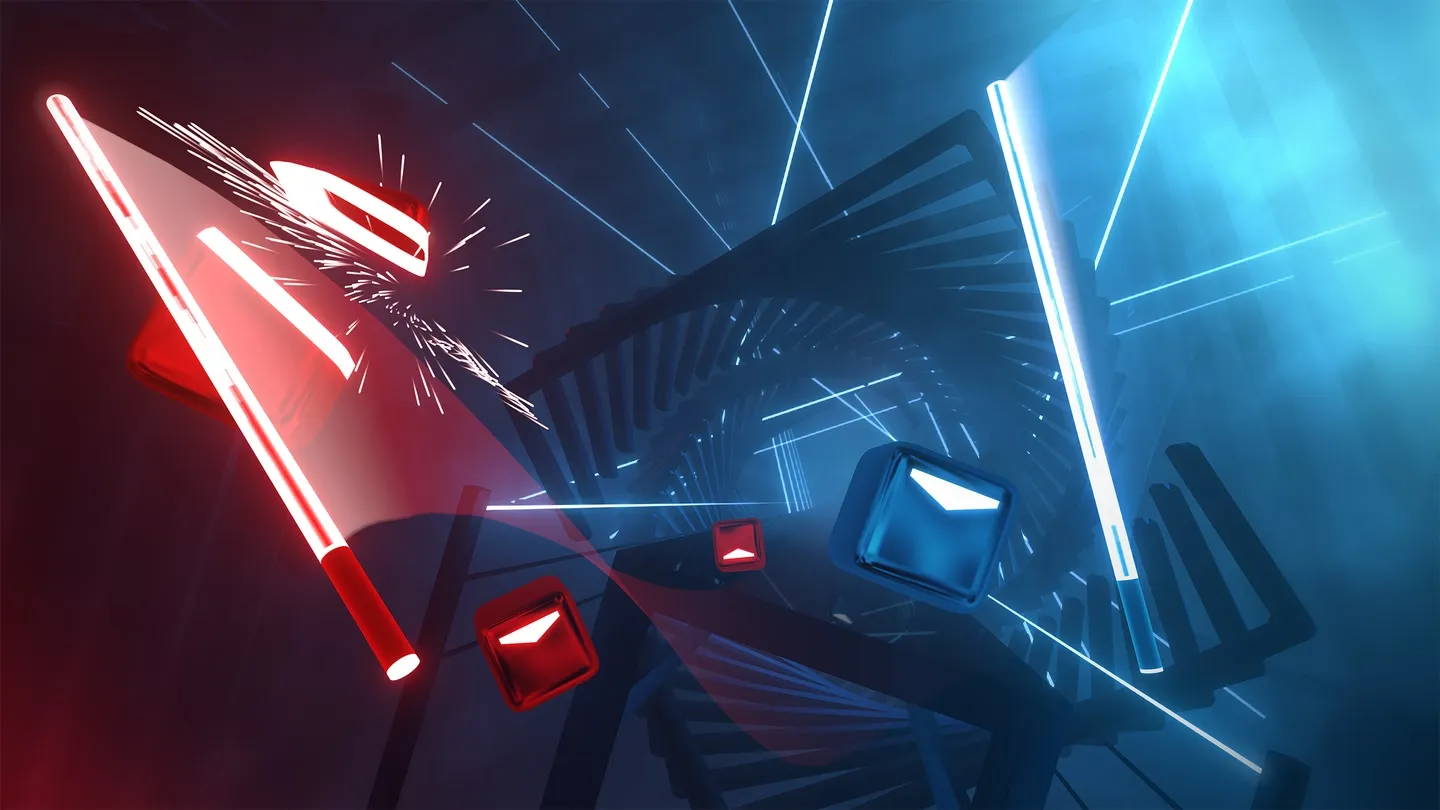 null A gameplay screenshot of the Beat Saber VR game by Beat Games, with two sabers glowing as blocks and other content comes speeding toward them.