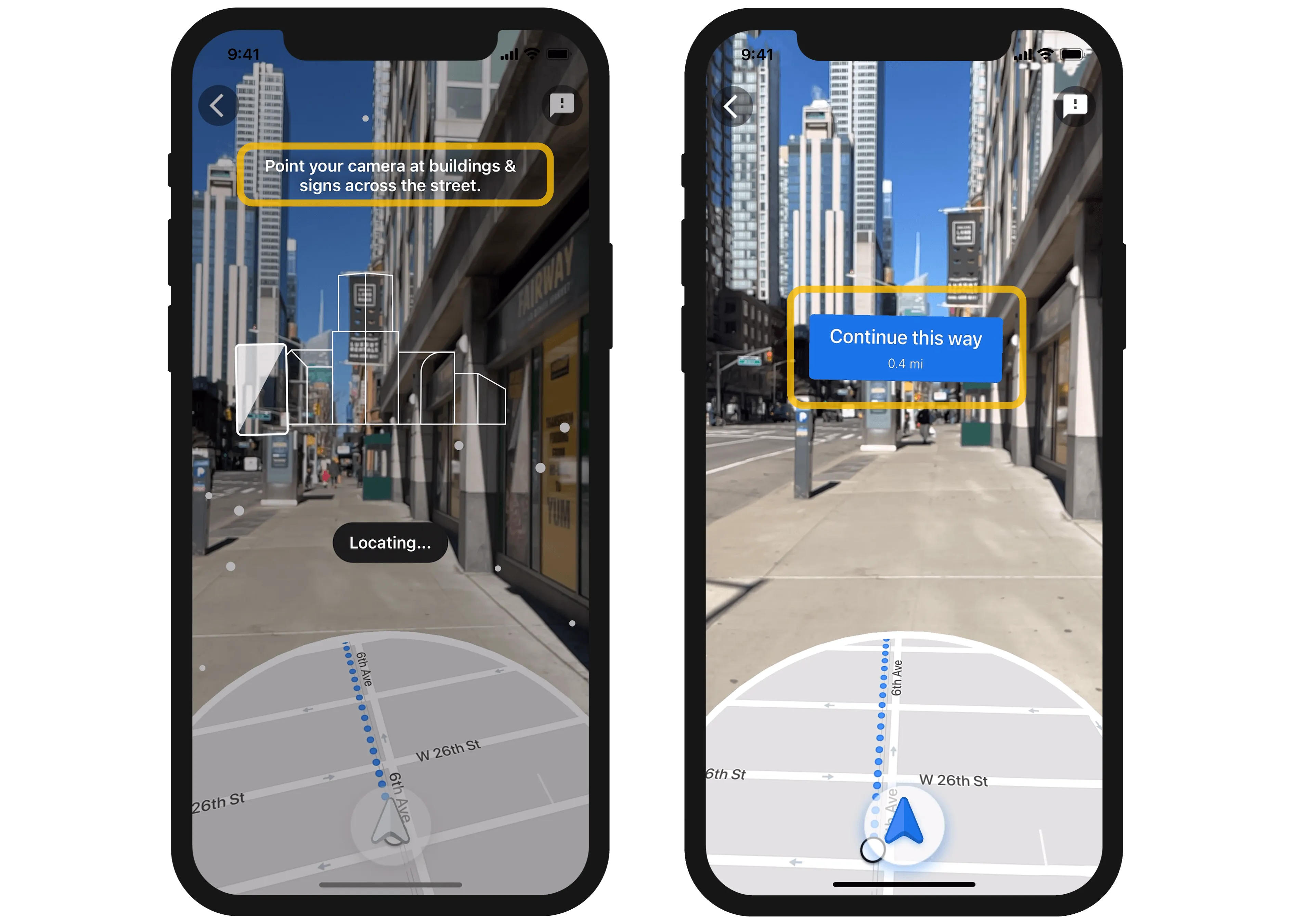 null Google Maps' Live View showing AR elements on top of real world buildings as someone navigates a busy street.