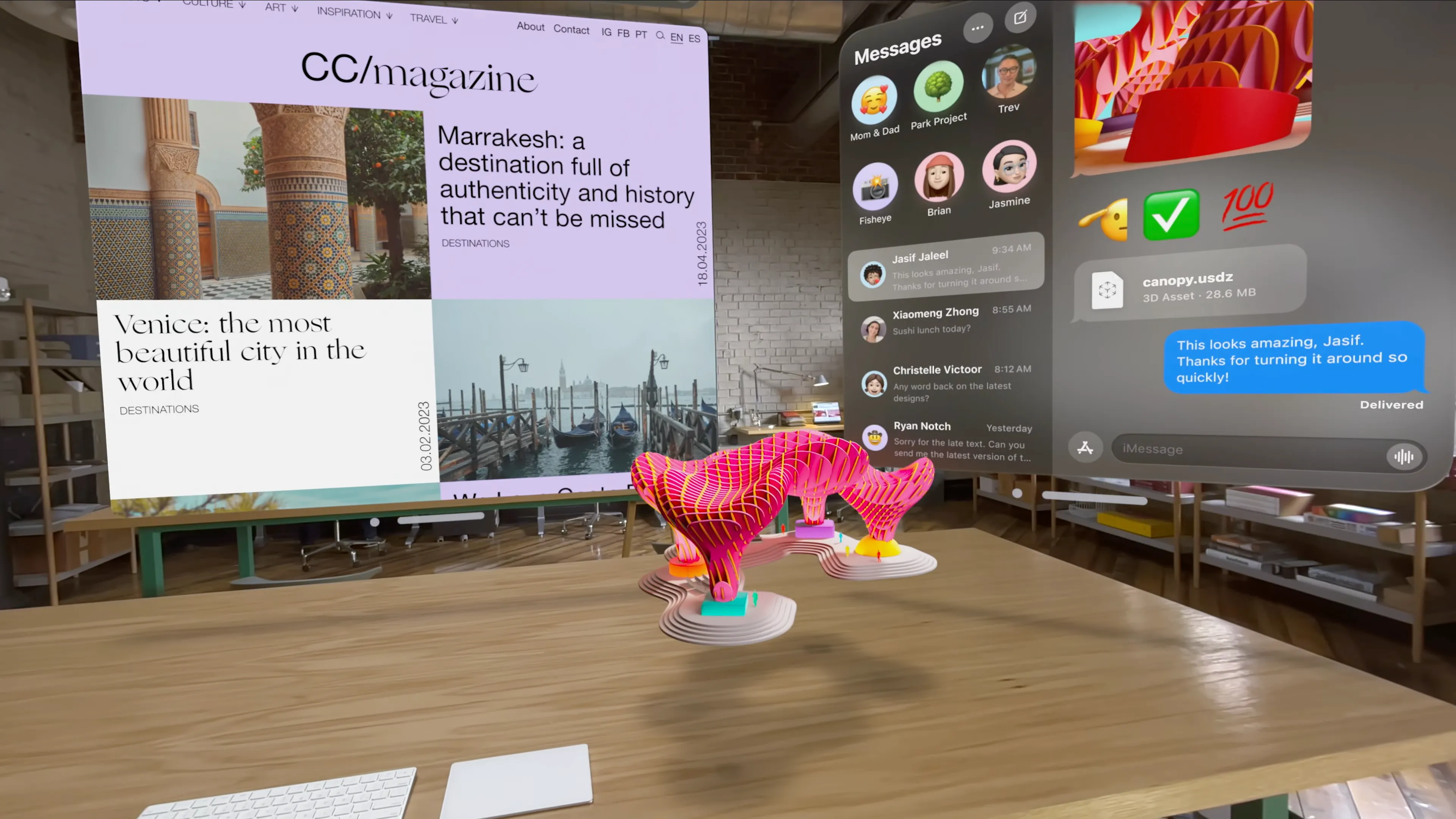 null Augmented reality view through the Apple Vision Pro headset, showing Safari next to Messages with a 3D object being viewed in front of them. From WWDC 2023 video.