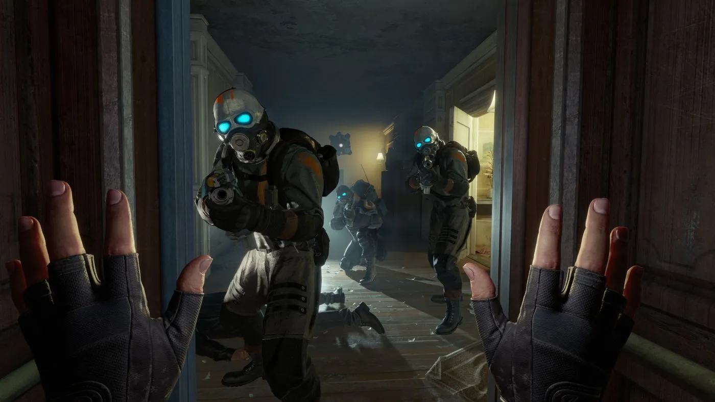 null A gameplay screenshot of the VR game Half Life: Alyx; main character has their hands up with combatants pointing firearms at them.