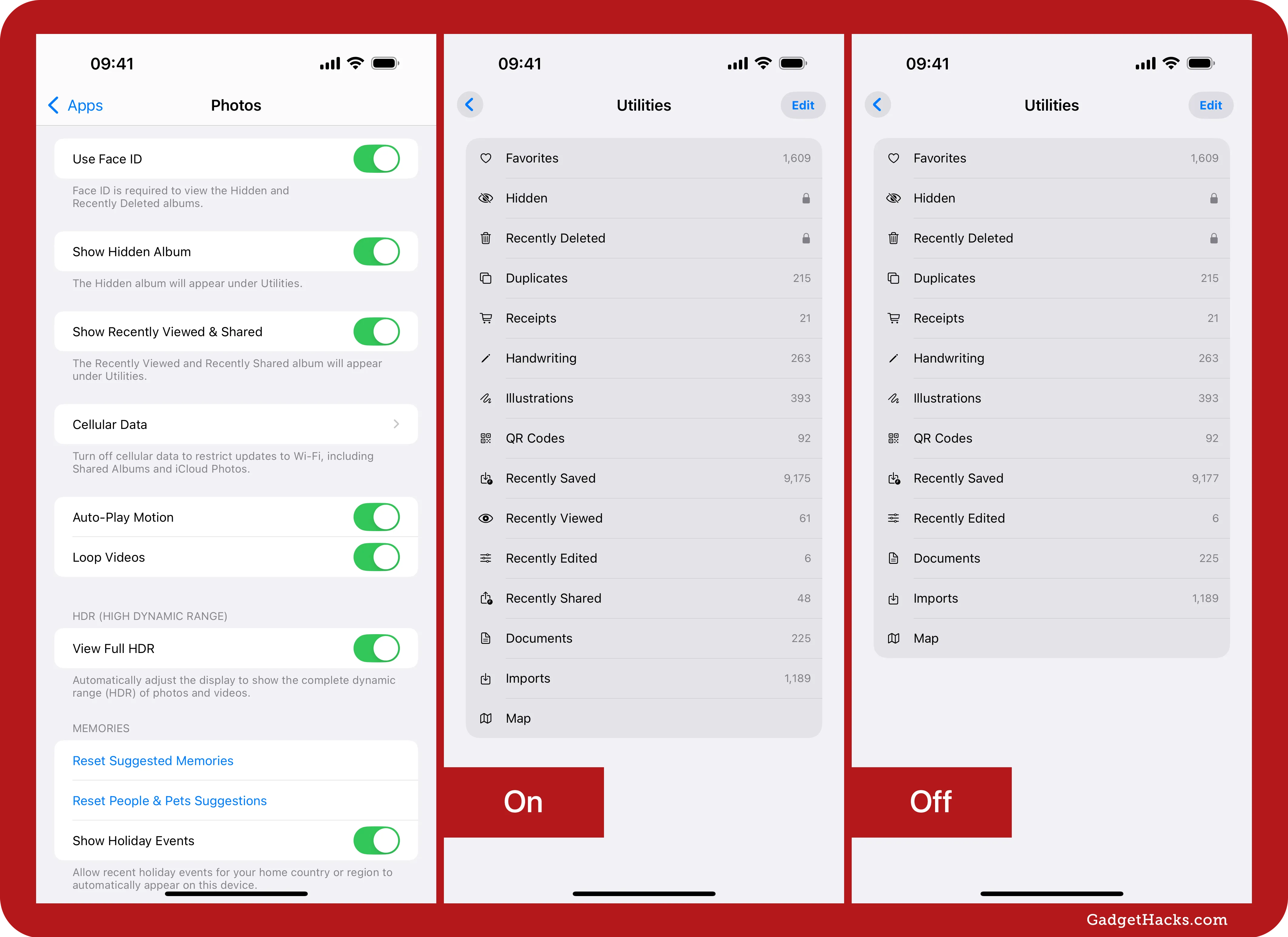 Screenshots showing how enabling “Show Recently Viewed & Shared” adds those sections to the iPhone Photos app’s Utilities tab.