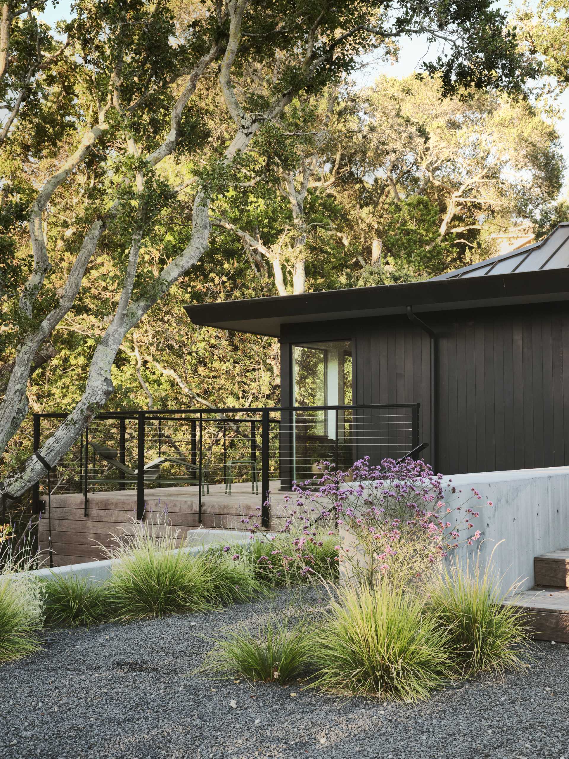In the rear yard, an old patio and plain backyard was replaced with concrete walls that create two distinct, layered outdoor living spaces, emphasizing the new modern aesthetic and adding structure to the experience of the site and architecture.