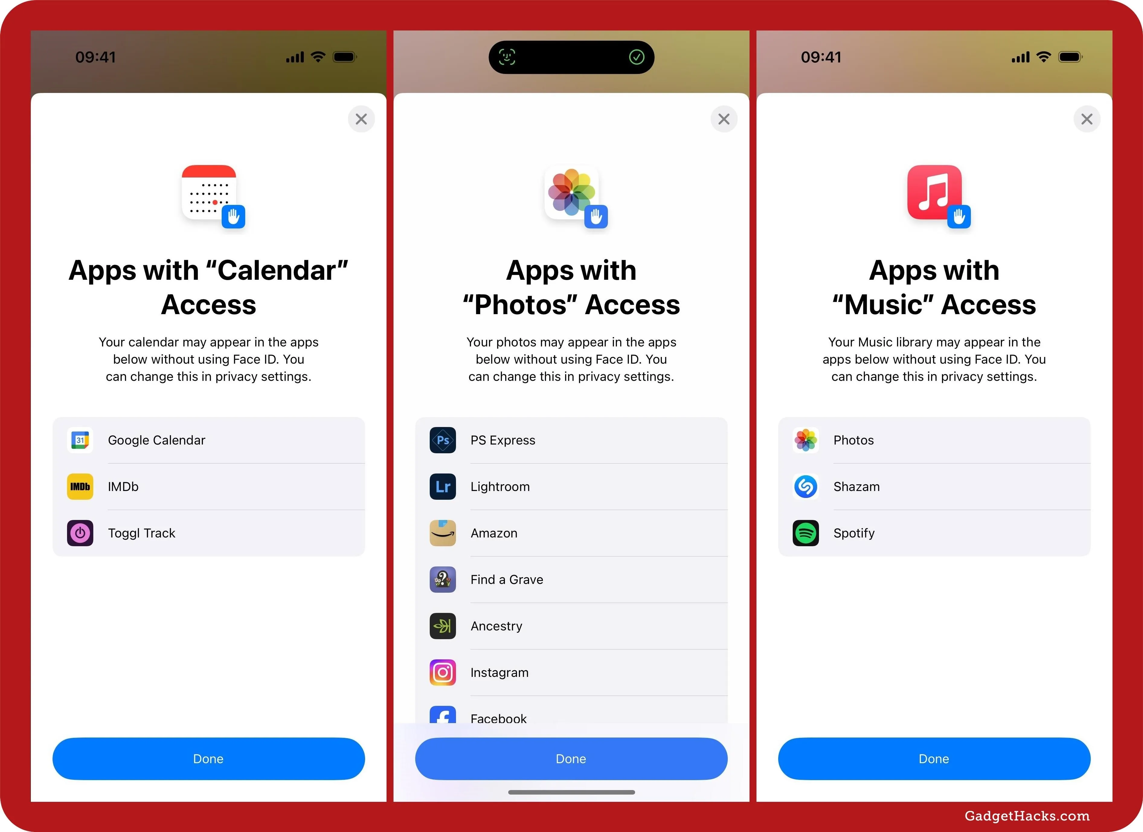 Three screenshots; each showing an iPhone pop-up window for Apps with Access to the chosen app to lock behind Face ID, and a list of apps on the iPhone with access.