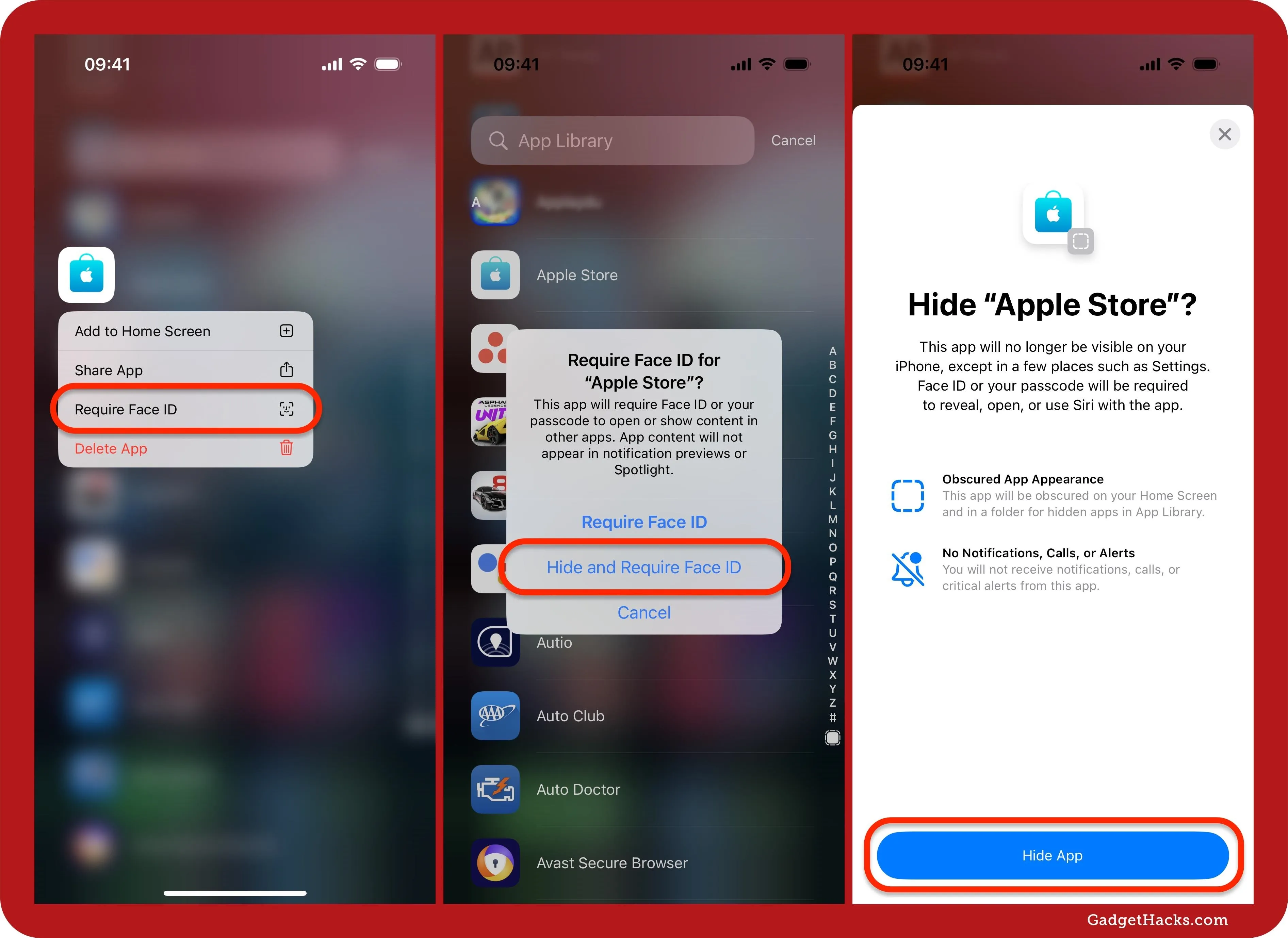 Steps to hide the Apple Store app on an iPhone; Choose Require Face ID from app's quick actions on the Home Screen, select Hide and Require Face ID on the pop-up menu, then choose Hide App on the more information page.