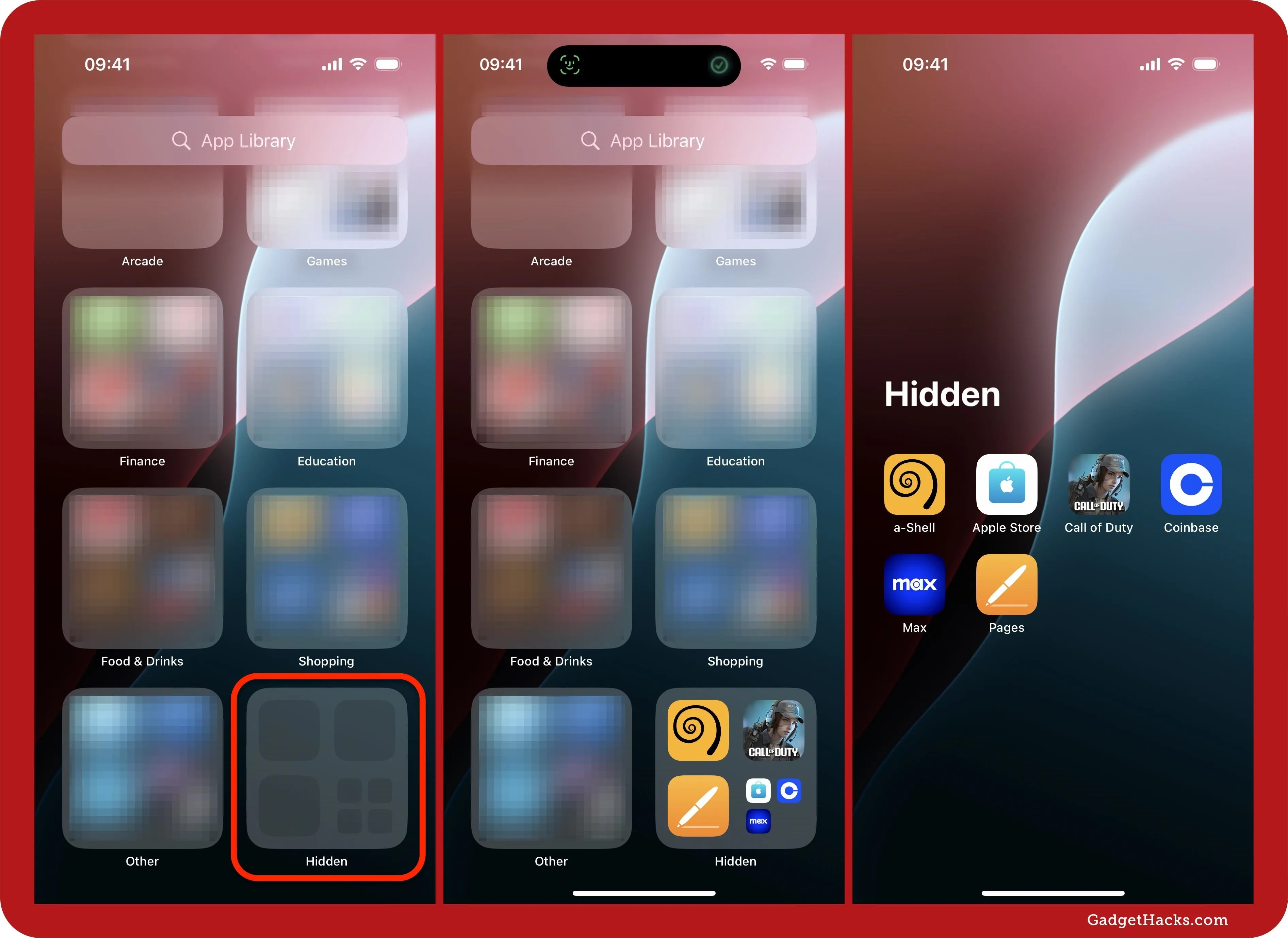 Three screenshots of folders on an iPhone's App Library screen with Hidden circled, then revealed with apps in it, then opened to view more apps in the list.