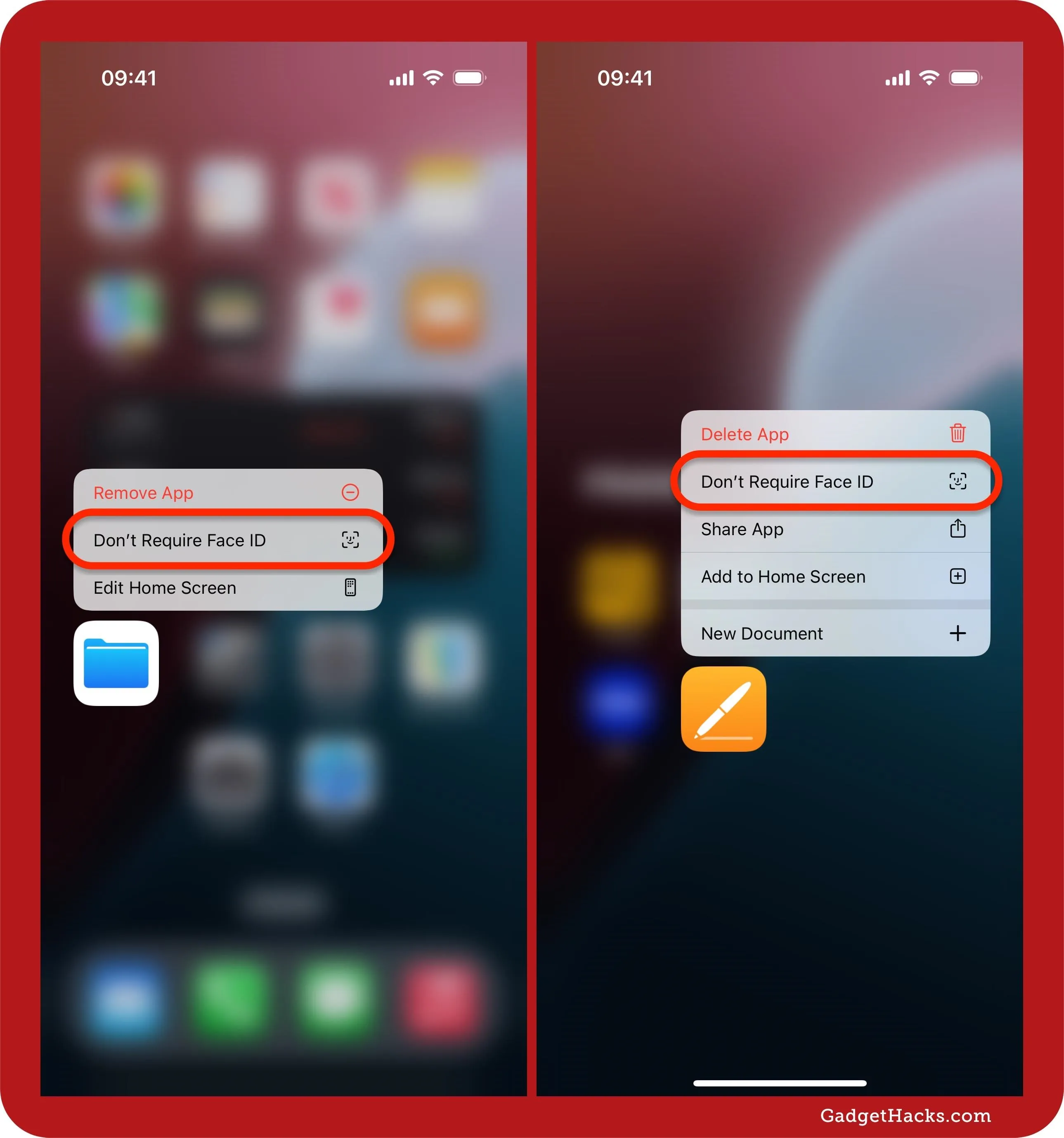 Quick actions menus on an iPhone's Home Screen showing Don't Require Face ID as an option for the Files and Pages apps.