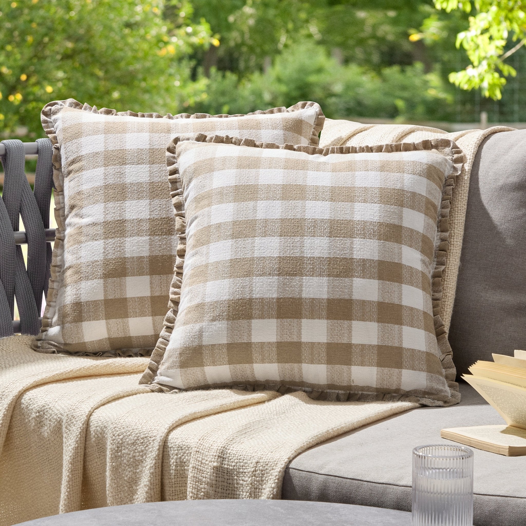 Pack of 2 Gingham Frill Edge Waterproof Outdoor Cushion Covers - Natur
