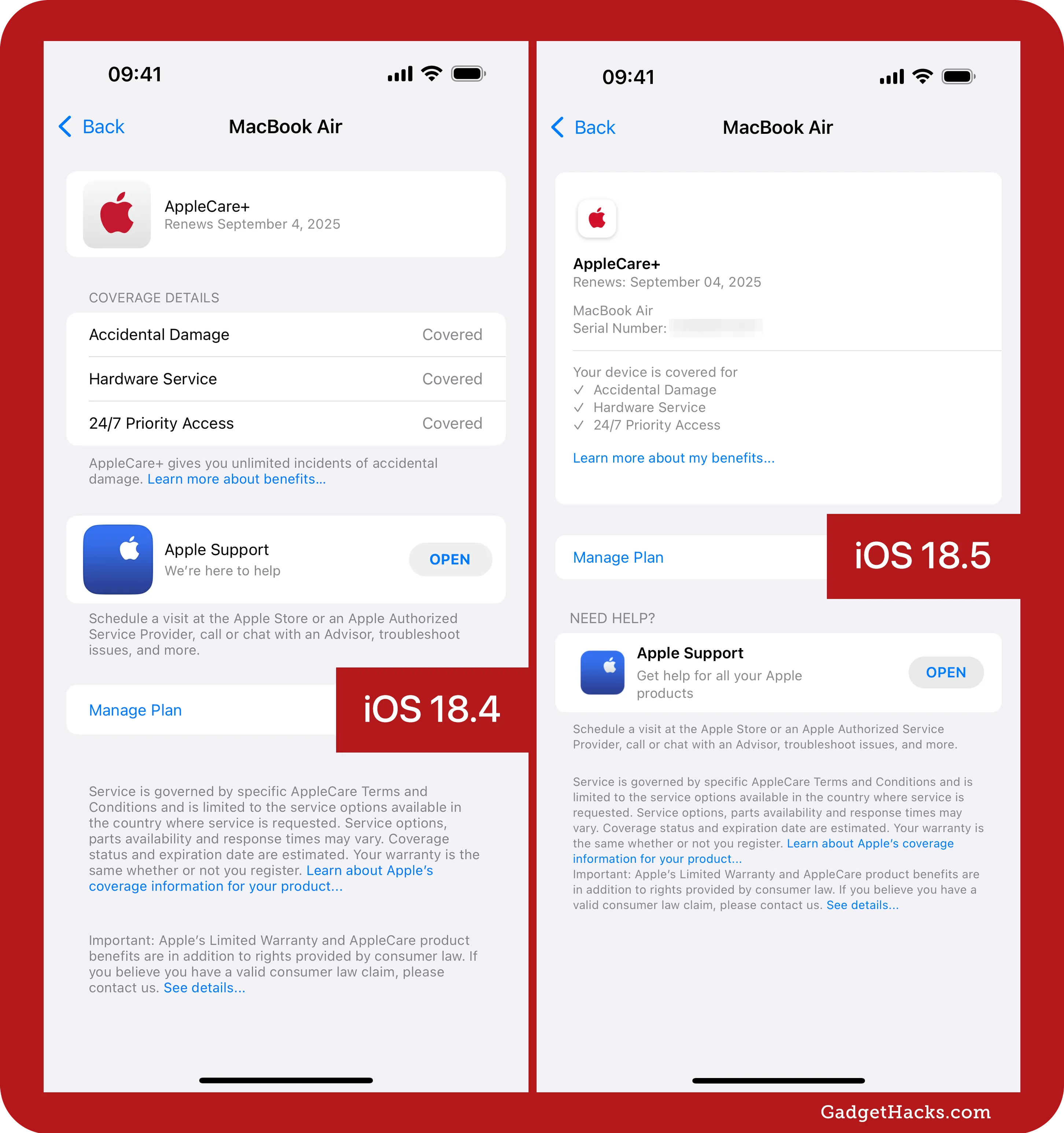 Comparison of AppleCare+ coverage details for MacBook Air in iOS 18.4 and iOS 18.5, showing a streamlined layout in 18.5 with grouped text and cleaner visuals.