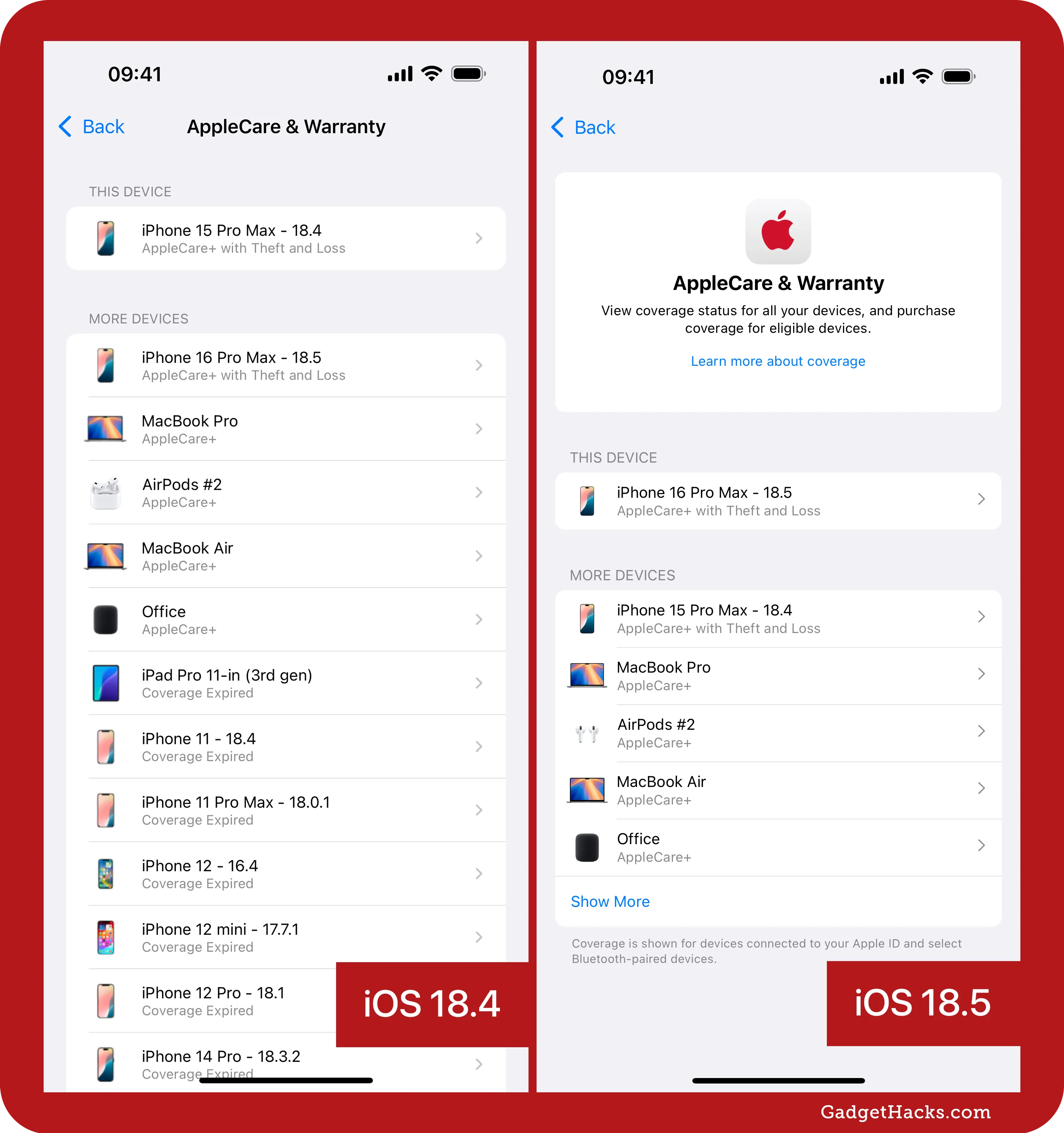 Side-by-side comparison of the AppleCare & Warranty settings screen in iOS 18.4 and iOS 18.5, showing a more simplified, card-style layout in the newer version.