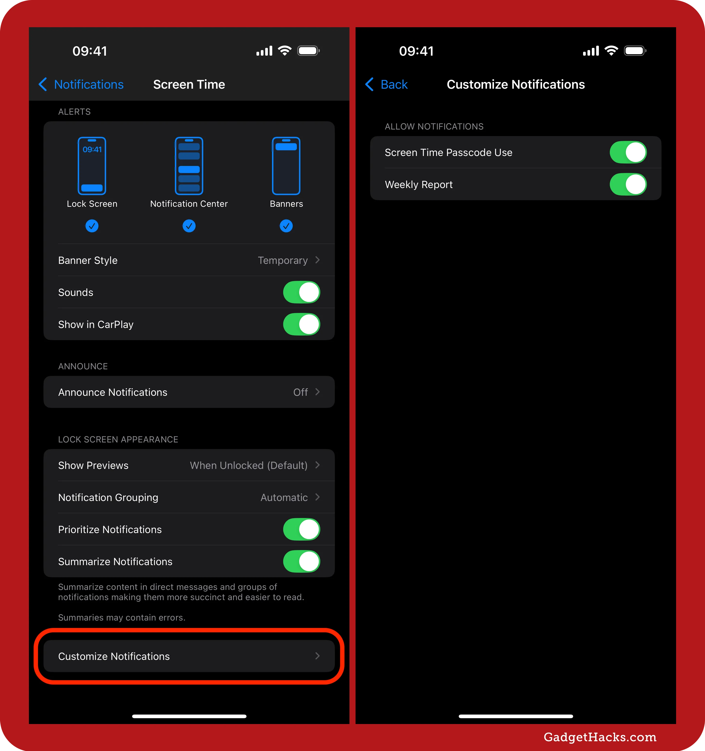 iPhone Screen Time settings showing options to customize notifications for weekly reports and device usage updates.