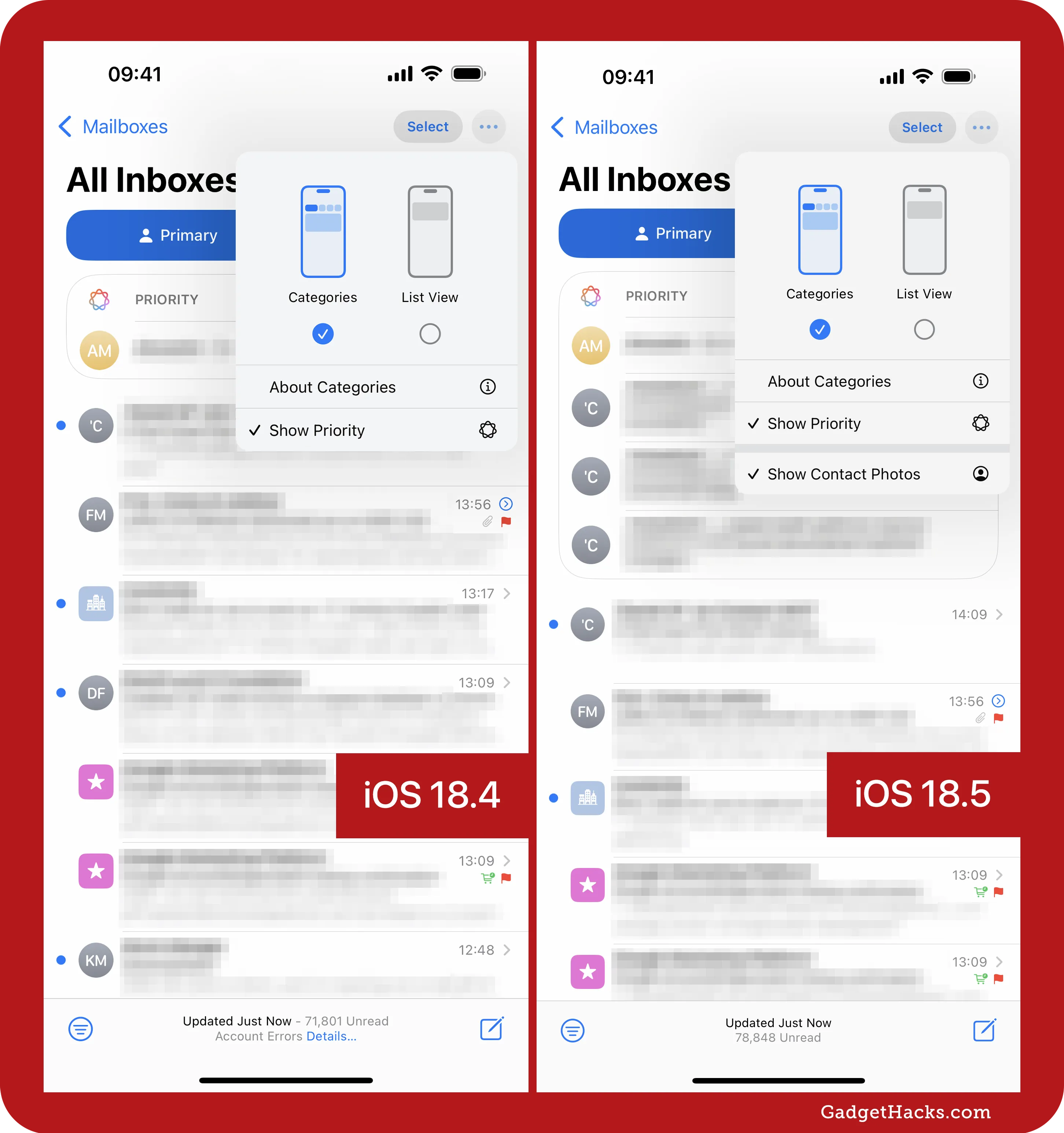 Side-by-side screenshots of Mail app in iOS 18.4 and iOS 18.5, showing a new “Show Contact Photos” toggle added to the message view options in iOS 18.5.