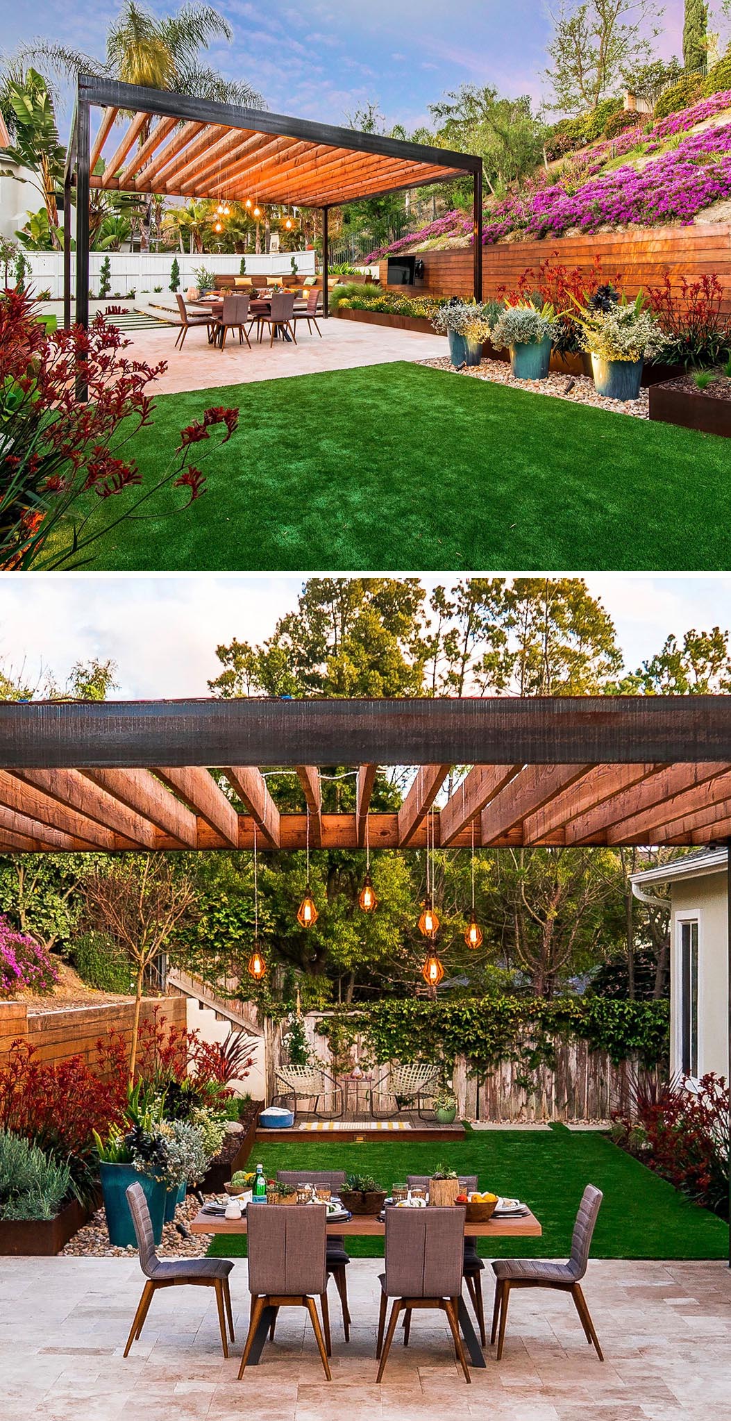 This stylish outdoor dining area is framed by a sleek, wooden pergola, providing shade and a touch of elegance. The wood table is surrounded by contemporary chairs, creating an ideal space for both casual meals and entertaining. The design integrates natural materials and clean lines, and is surrounded by greenery, enhancing the serene and inviting atmosphere. Soft lighting adds a warm touch, making it perfect for evening gatherings under the open sky.