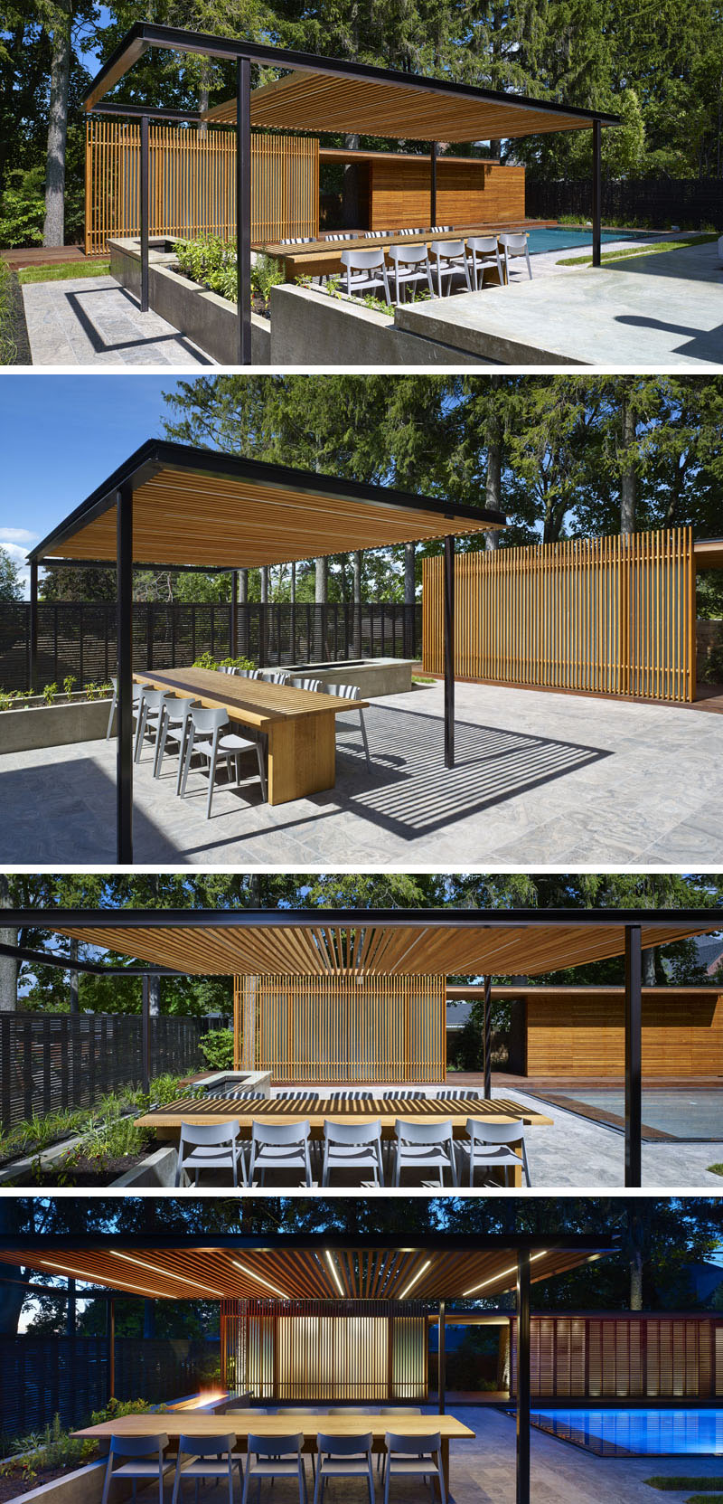 This stunning outdoor dining area, beneath a wood and metal pergola, offers a perfect retreat by the pool. With spacious, modern seating and an expansive dining table, it's the ultimate space for both relaxation and entertaining. The open, airy design and the nearby forest trees surrounding the pool create a serene atmosphere, making it ideal for enjoying meals in style by the water.