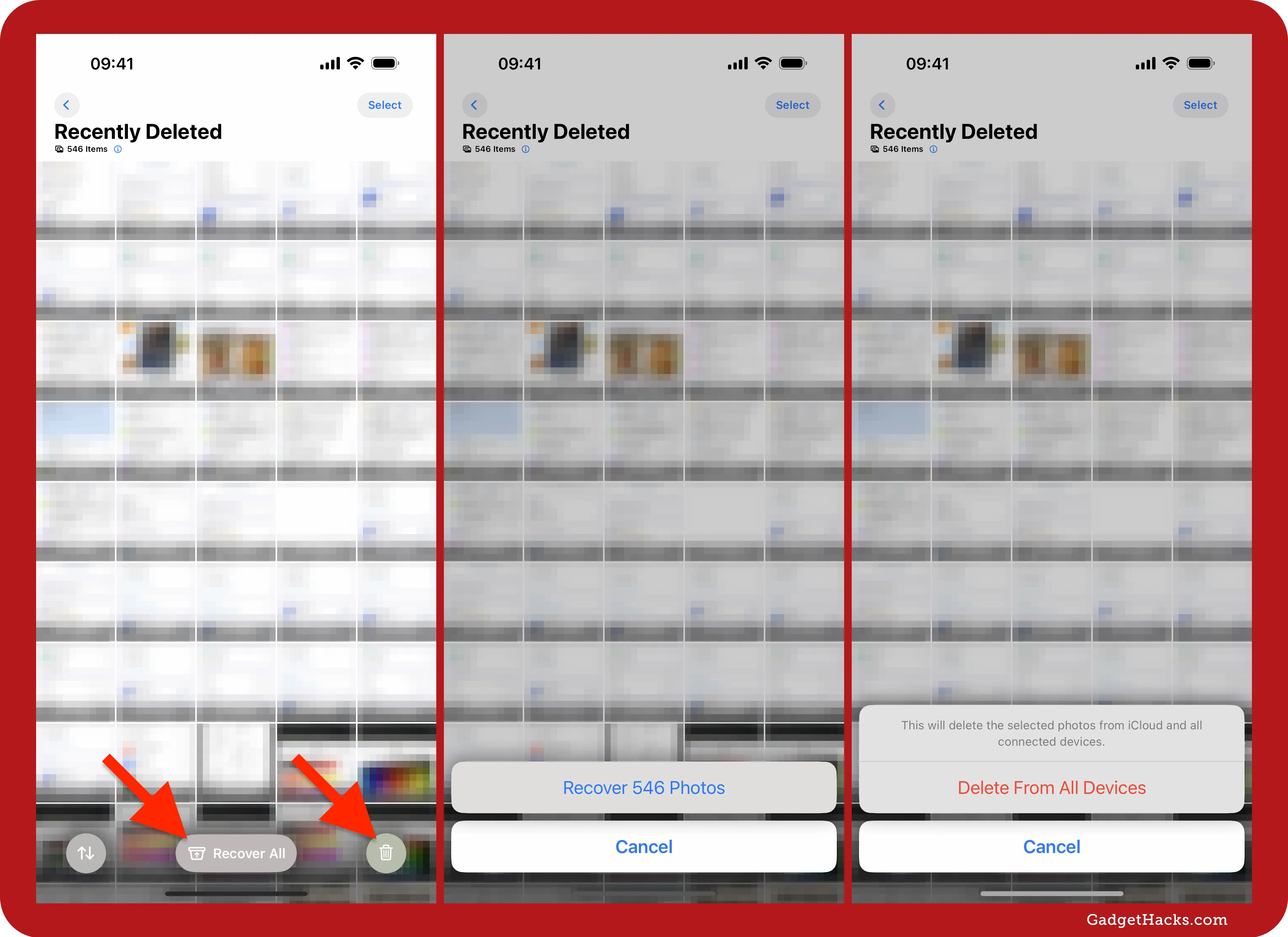 Three iPhone screenshots show the Recently Deleted album in Photos; options for “Recover All,” “Recover 546 Photos,” and “Delete From All Devices” are highlighted with red arrows.