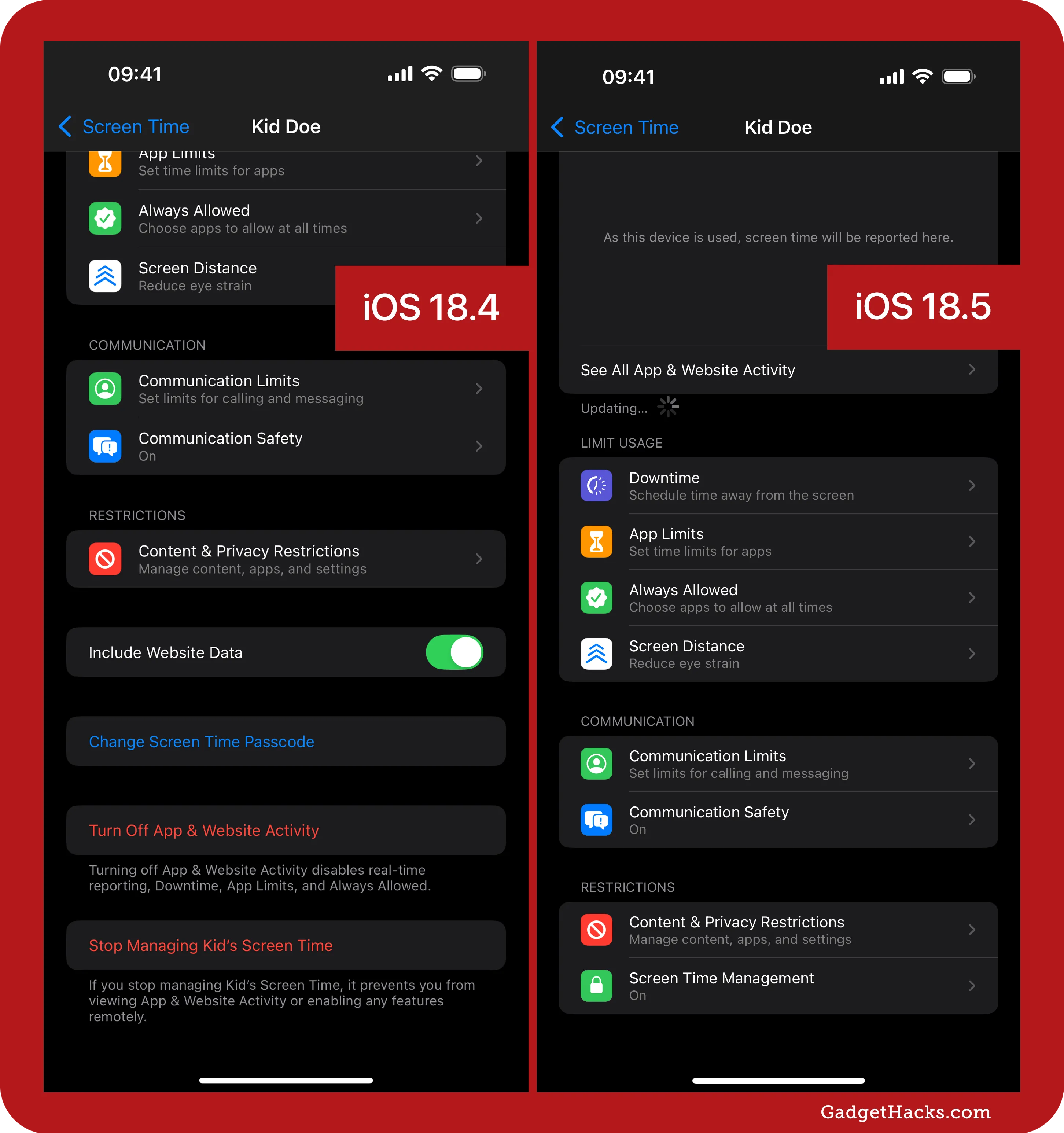 Screenshots showing messy Screen Time management features on iOS 18.4 and a cleaner Screen Time Management menu on iOS 18.5.