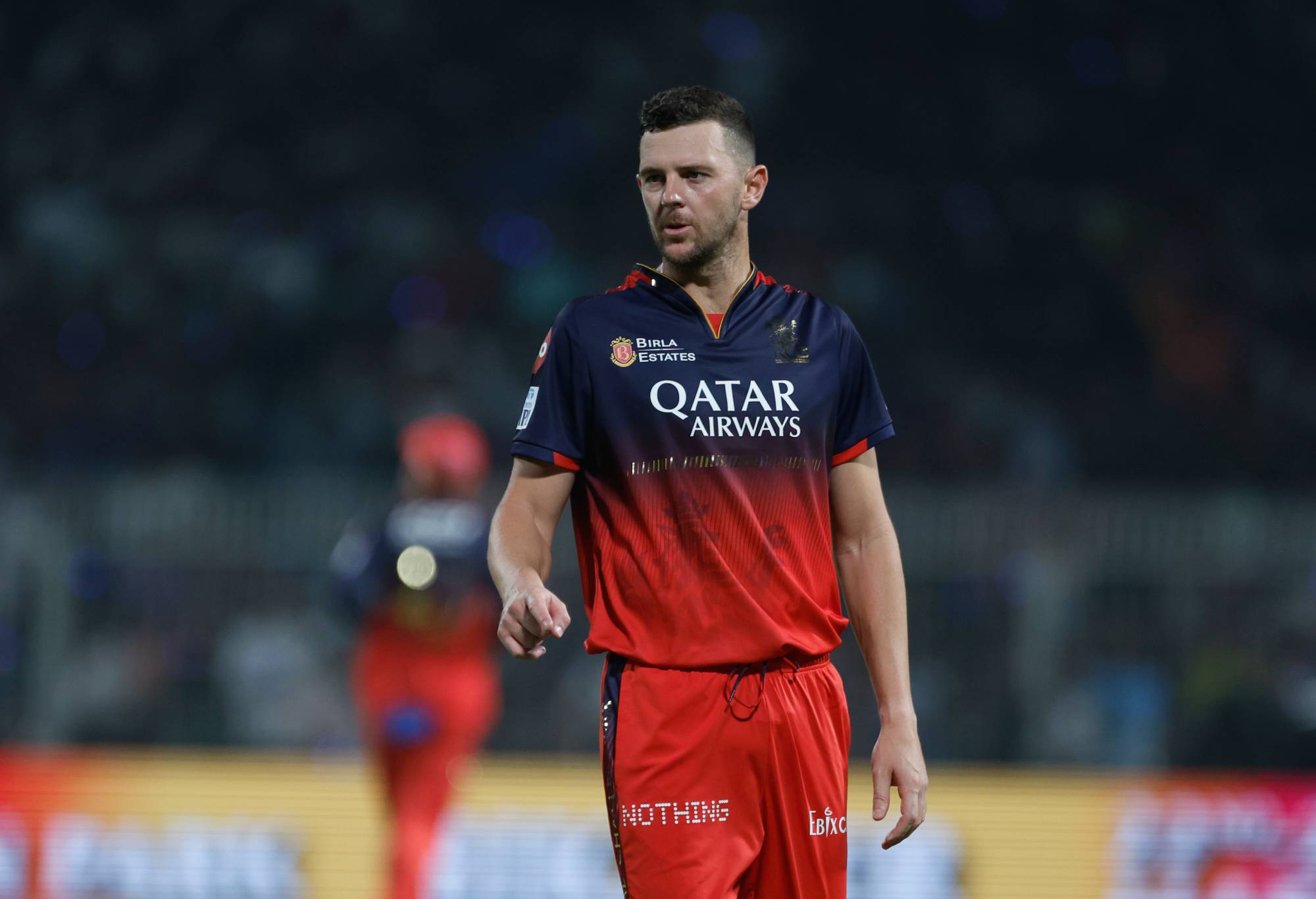 KOLKATA, INDIA - MARCH 22: Josh Hazlewood of Royal Challengers Bengaluru looks on during the 2025 IPL match between Kolkata the Knight Riders and Royal Challengers Bengaluru on March 22, 2025, in Kolkata, India. (Photo by Pankaj Nangia/Getty Images)