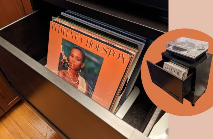 An IKEA Bluetooth Speaker Becomes a Blast from the Past 23 turntable stand and lp vinyl record storage cabinet with front facing albums
