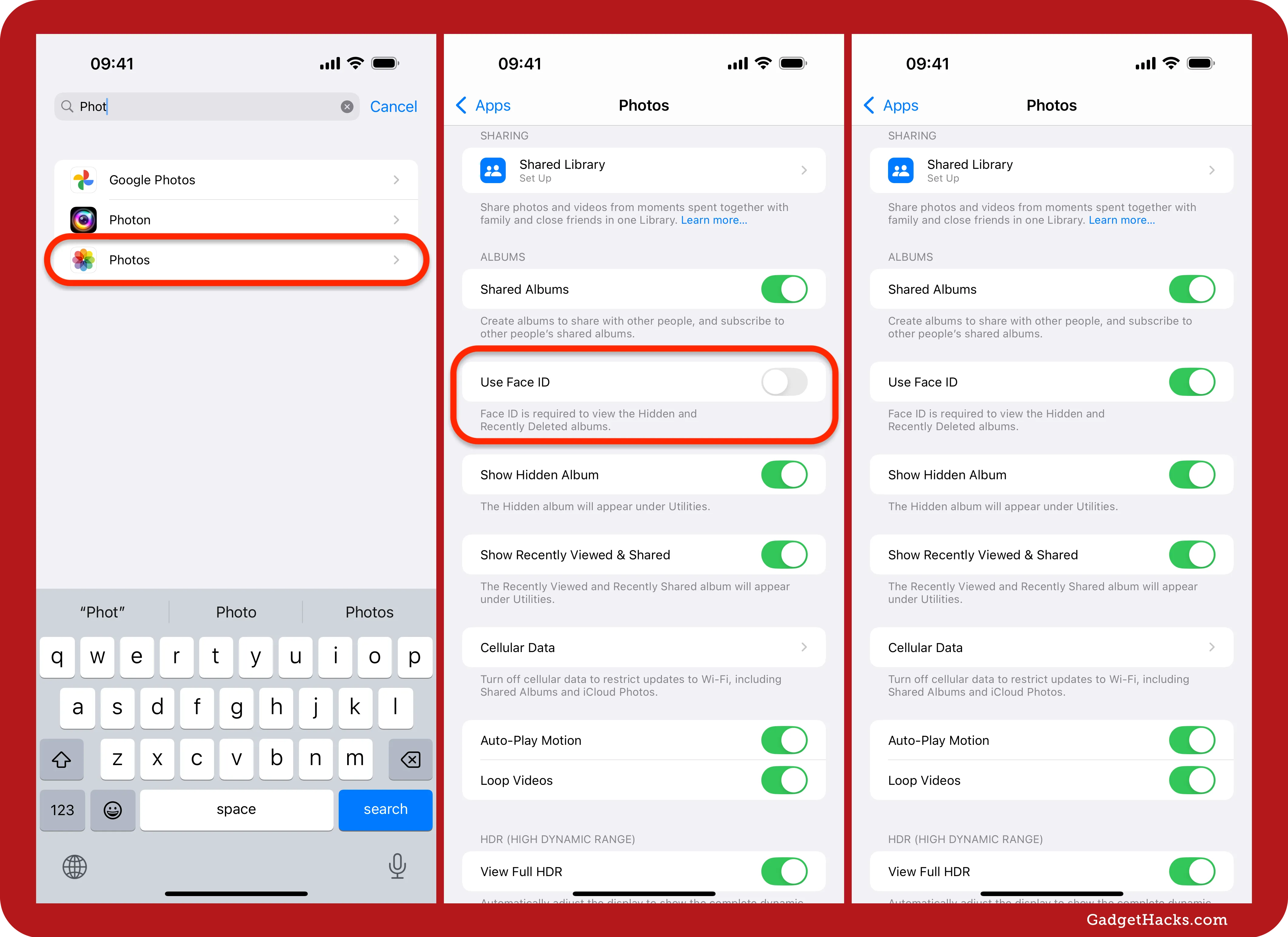 Three iPhone screenshots show searching Photos settings, then toggling Show Hidden Album and Use Face ID to lock Hidden and Recently Deleted albums.