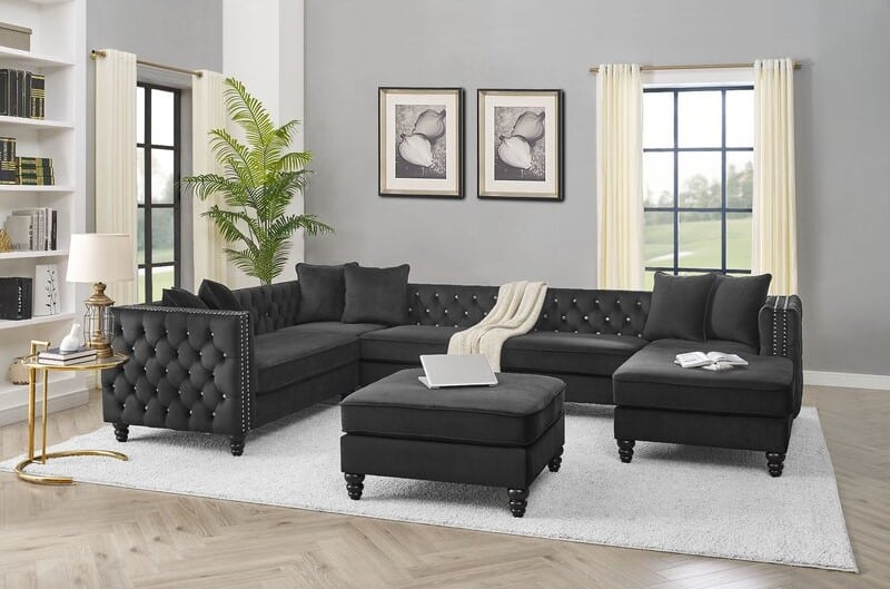 Black U-Shaped Sectional with Ottoman