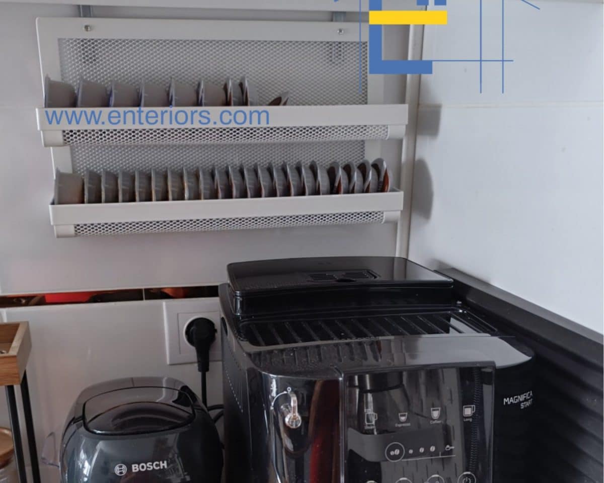 Tassimo coffee disc organizer installed at the back of kitchen cabinet 