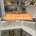Before and after of a pantry makeover using an IKEA KALLAX unit for open shelving, with custom cabinets and organized storage