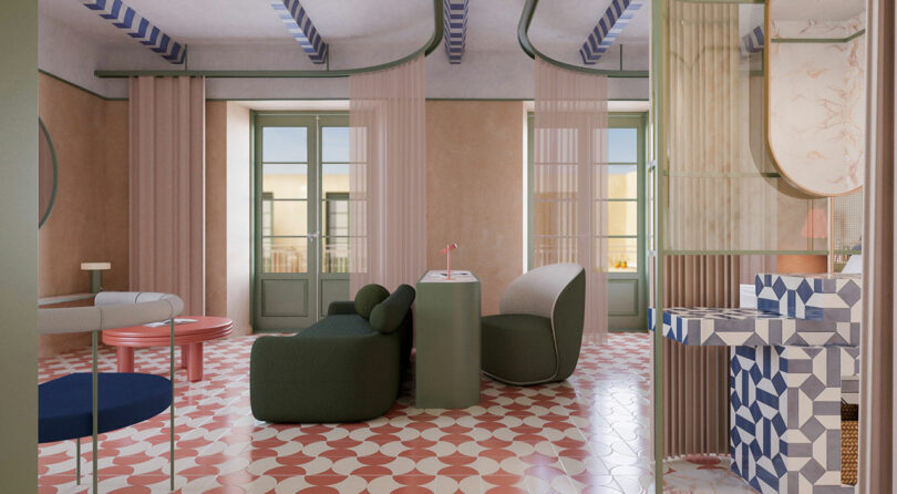 A modern living space with pastel walls, geometric patterned floor tiles, contemporary furniture, and large windows allowing natural light.