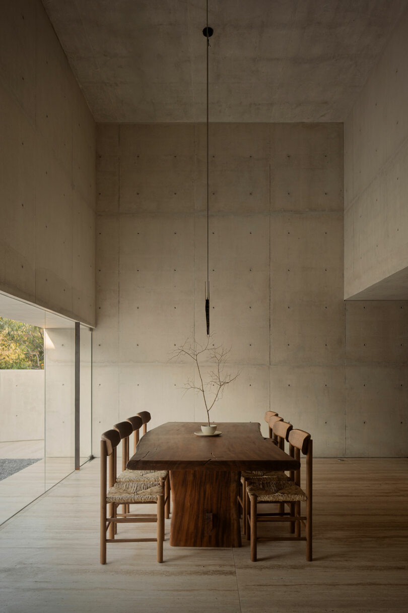 Minimalist dining room with a wooden table, six chairs, a bare branch in a white vase, concrete walls, and large windows letting in natural light.