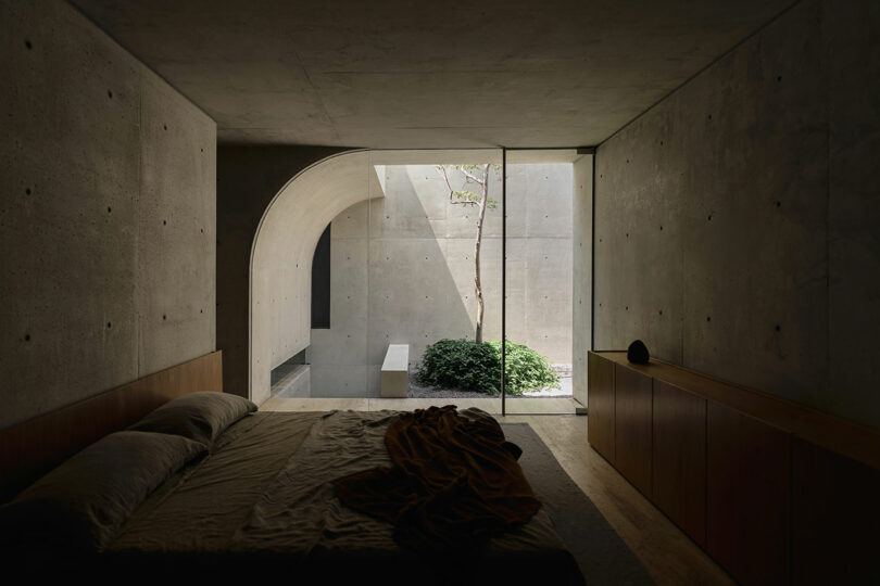 A minimalist bedroom with concrete walls, a bed, and a large glass door opens to a small courtyard with a tree and greenery.
