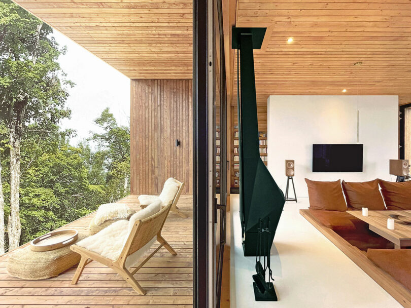 A modern home with a wooden deck and lounge chairs overlooking trees on the left, and a minimalist living room with a fireplace and brown seating on the right.