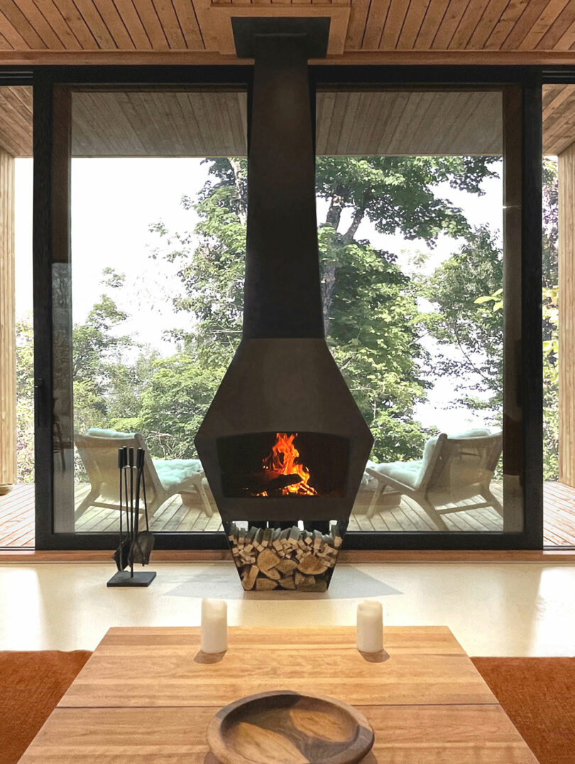 A modern black fireplace with a burning fire stands before large glass windows overlooking a deck with lounge chairs and trees outside. A wood coffee table is in the foreground.