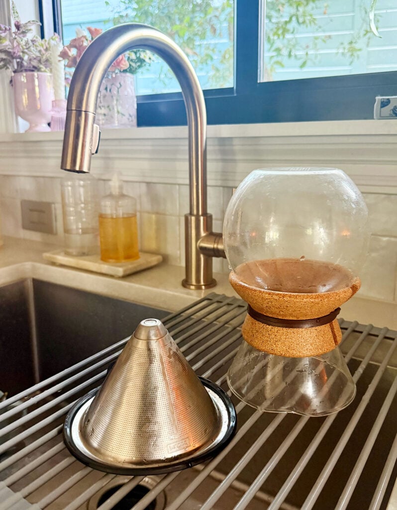 Boden Pour Over Coffee Maker Drying On Over Sink Drying Rack