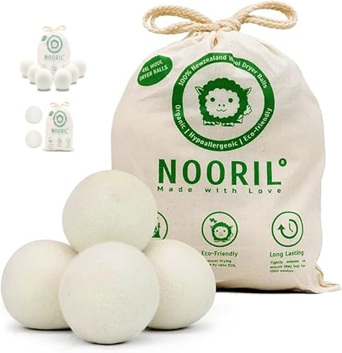 Nooril Tumble Dryer Balls Pack of 4 - Handmade Reusable Organic Wool Laundry Balls for Fabric Softening, Reduce Drying Time, Noise, Static-Cling &amp; Wrinkles With No Bad Odor&hellip;