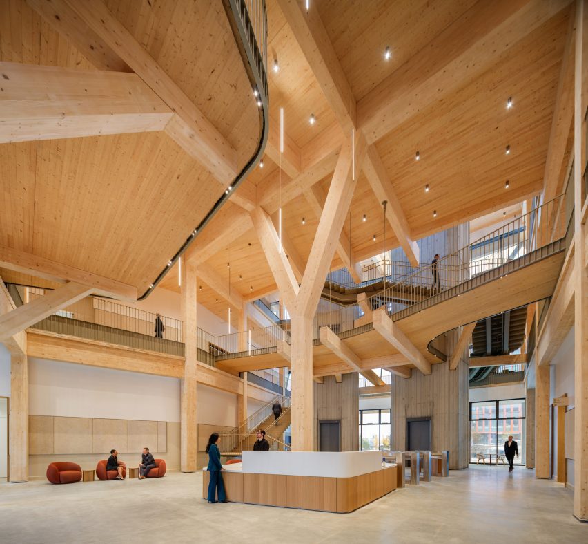 Tree-like support beams in mass-timber interior
