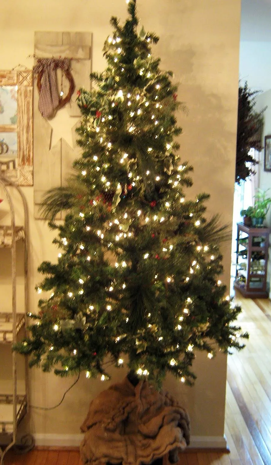 Christmas tree decorated with lights.