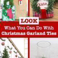 photo is showing 4 of 14 creative ideas using Christmas garland ties. Text overlay says, Look what you can do with Christmas garland ties.