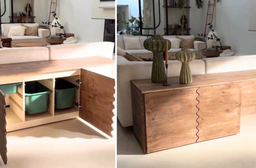 An IKEA TROFAST hack that incorporates a sofa console table and kids desk with storage in one