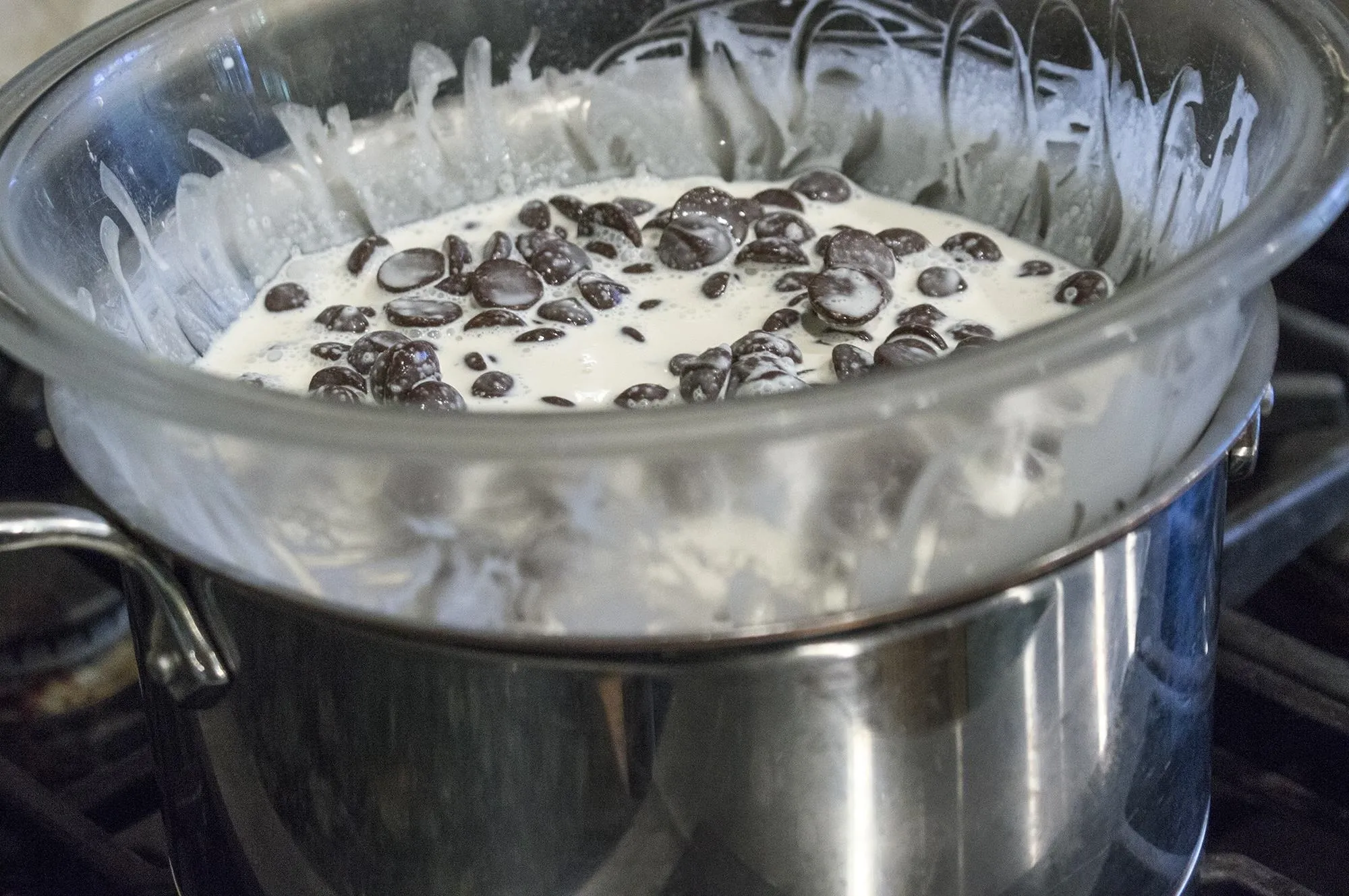 Melting chocolate chips in a double boiler.