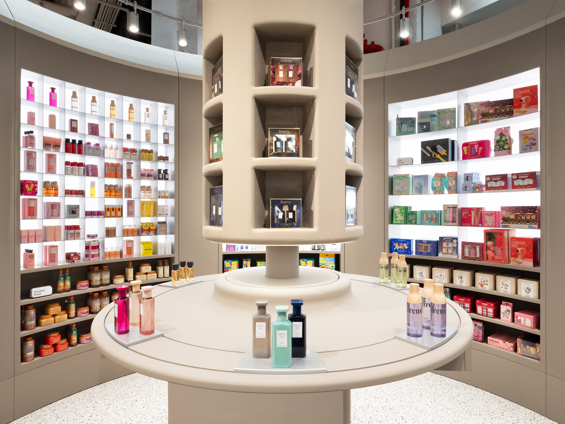 Beauty bar with a central circular display, surrounded by products on shelves