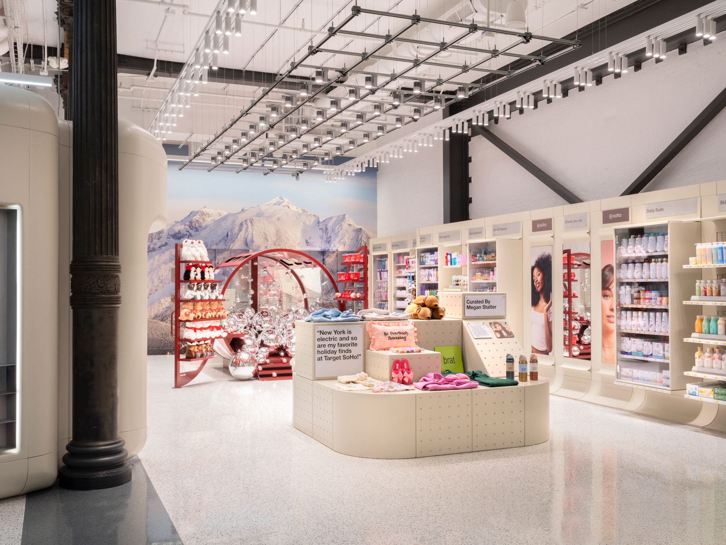 Store interior with a a modular display based on toy building blocks